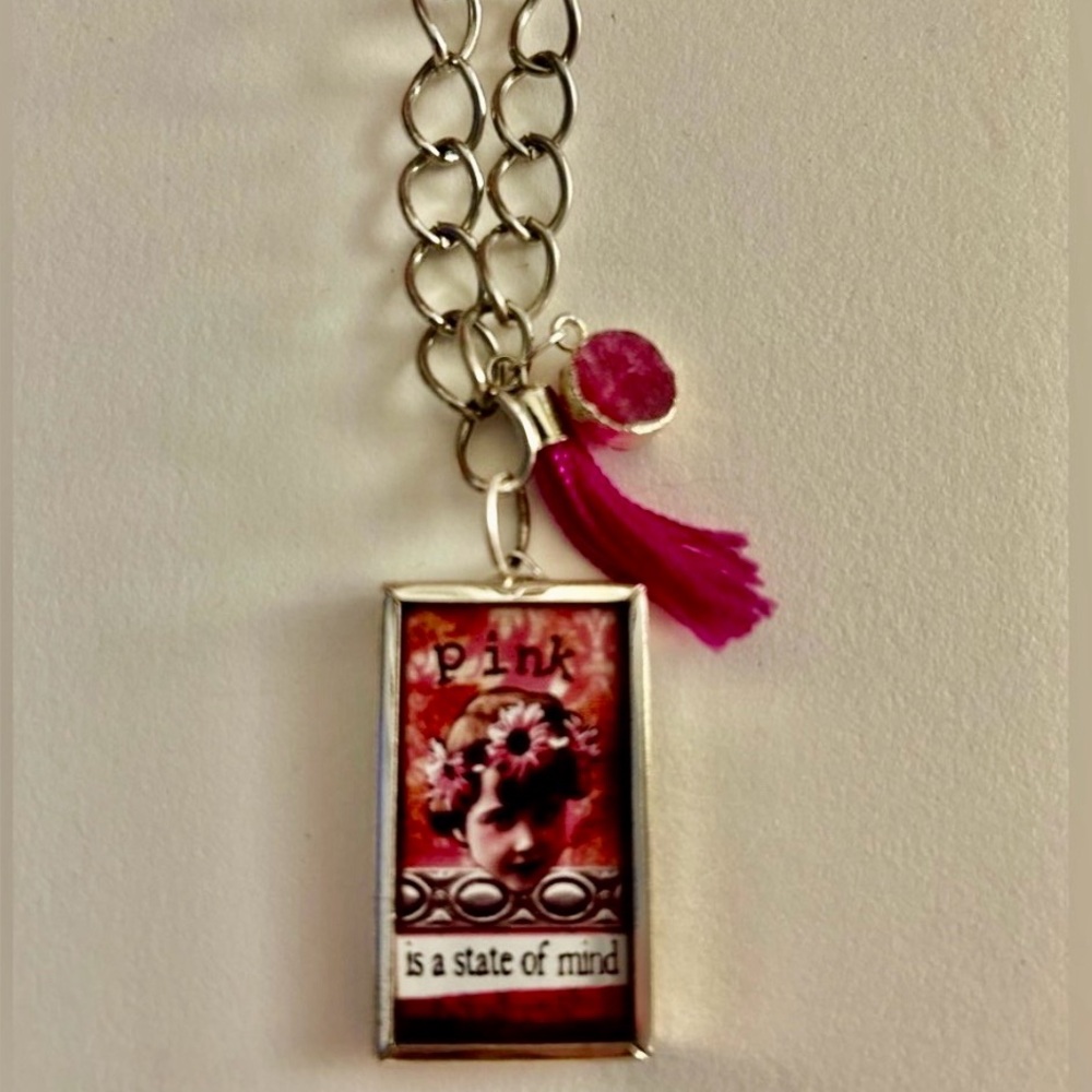 Necklace Fairy, Dancer photo frame Pink is State of Mind, pink druzy, tassle  2”